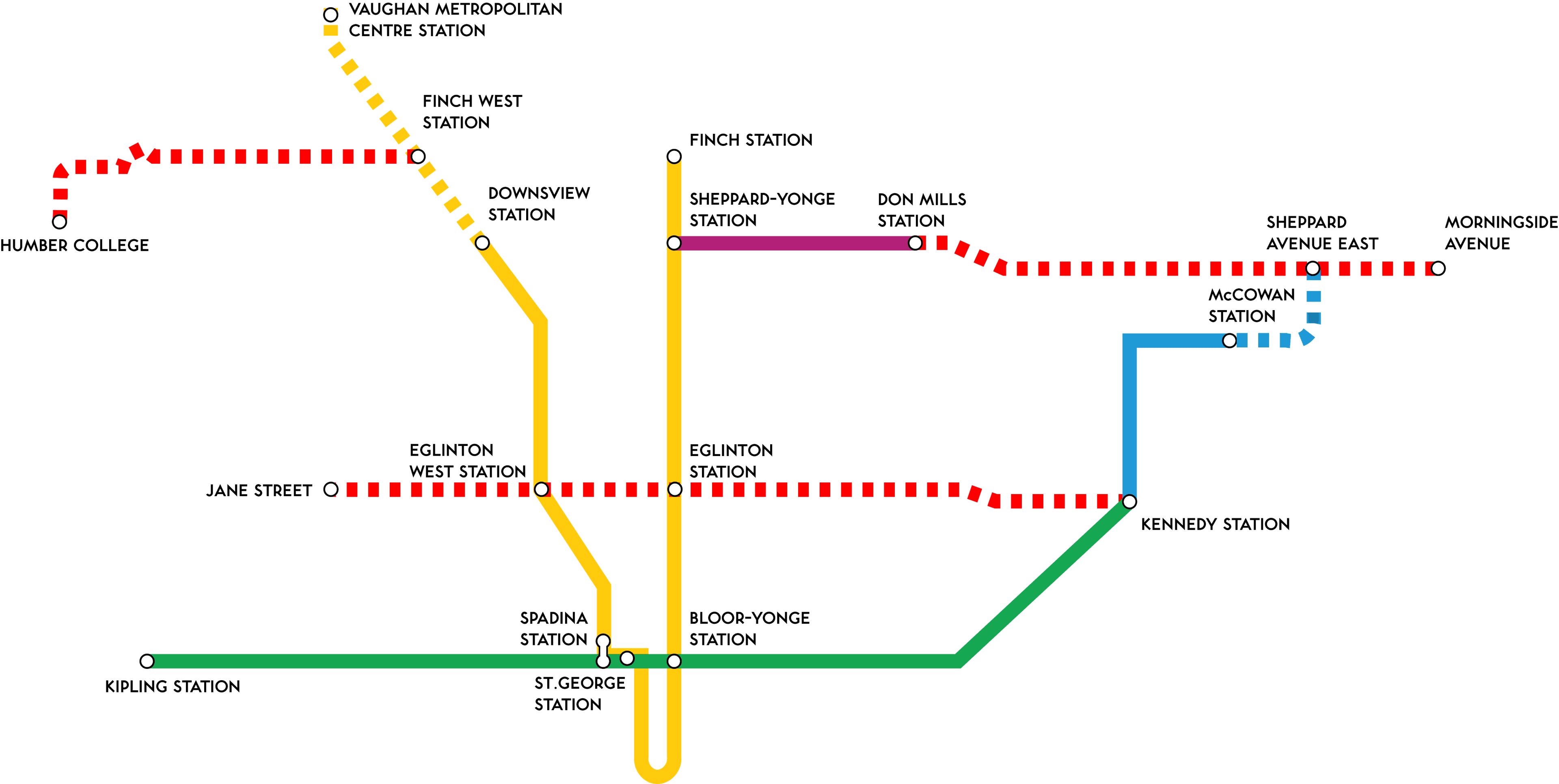 This image shows the network of transit lines that were fully funded prior to their cancellation by Rob Ford. It features the Finch West LRT, the Eglinton Crosstown LRT, and the Sheppard East LRT.