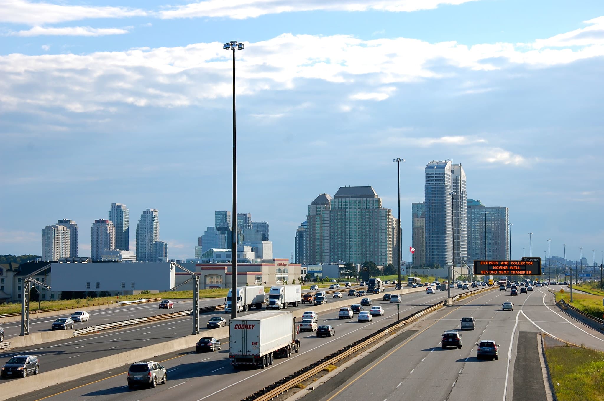 This image shows the skyline of Scarborough City Centre, a central business district of Toronto and proposed terminus of an extension of the Sheppard subway eastwards