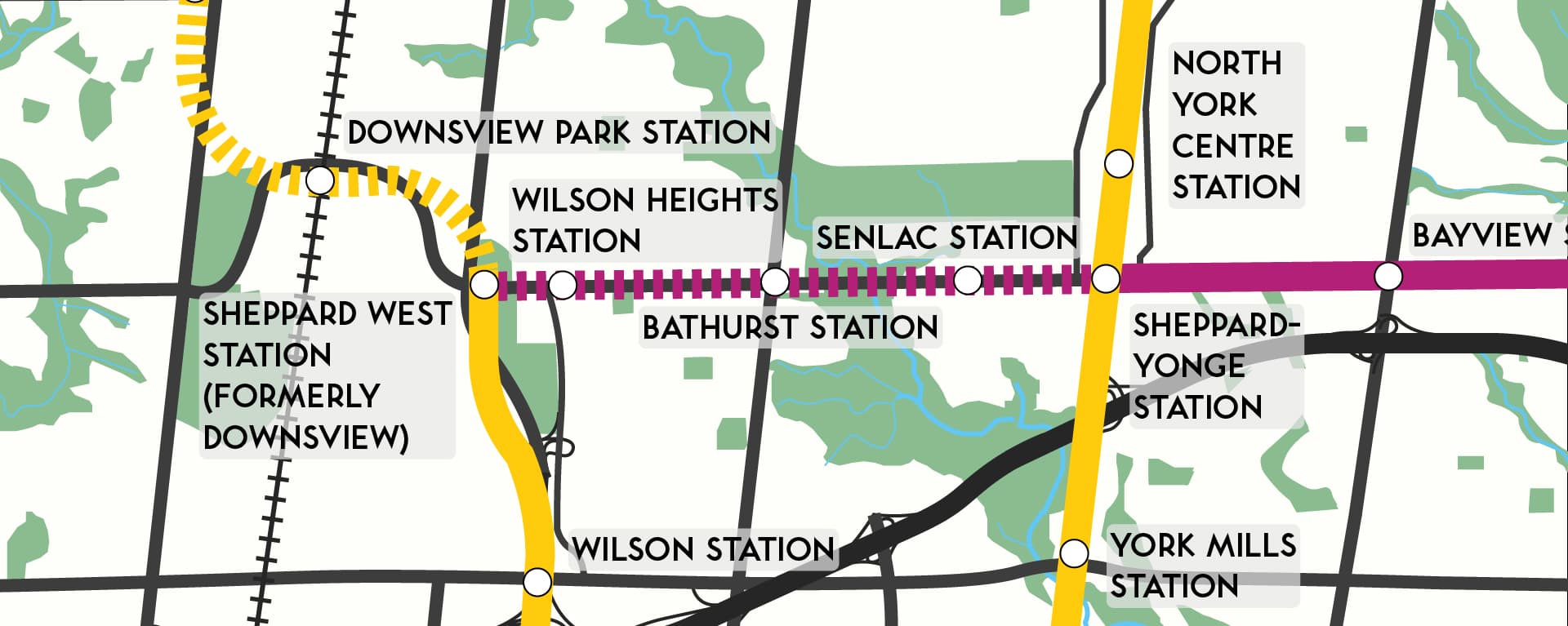 This image shows the alignment of the proposed extension of the Sheppard subway westwards, with three new stations at Senlac Road, Bathurst Avenue, and Wilson Heights Boulevard. A new connection to the Spadina segment of the Yonge-University subway would be made at Downsview station.